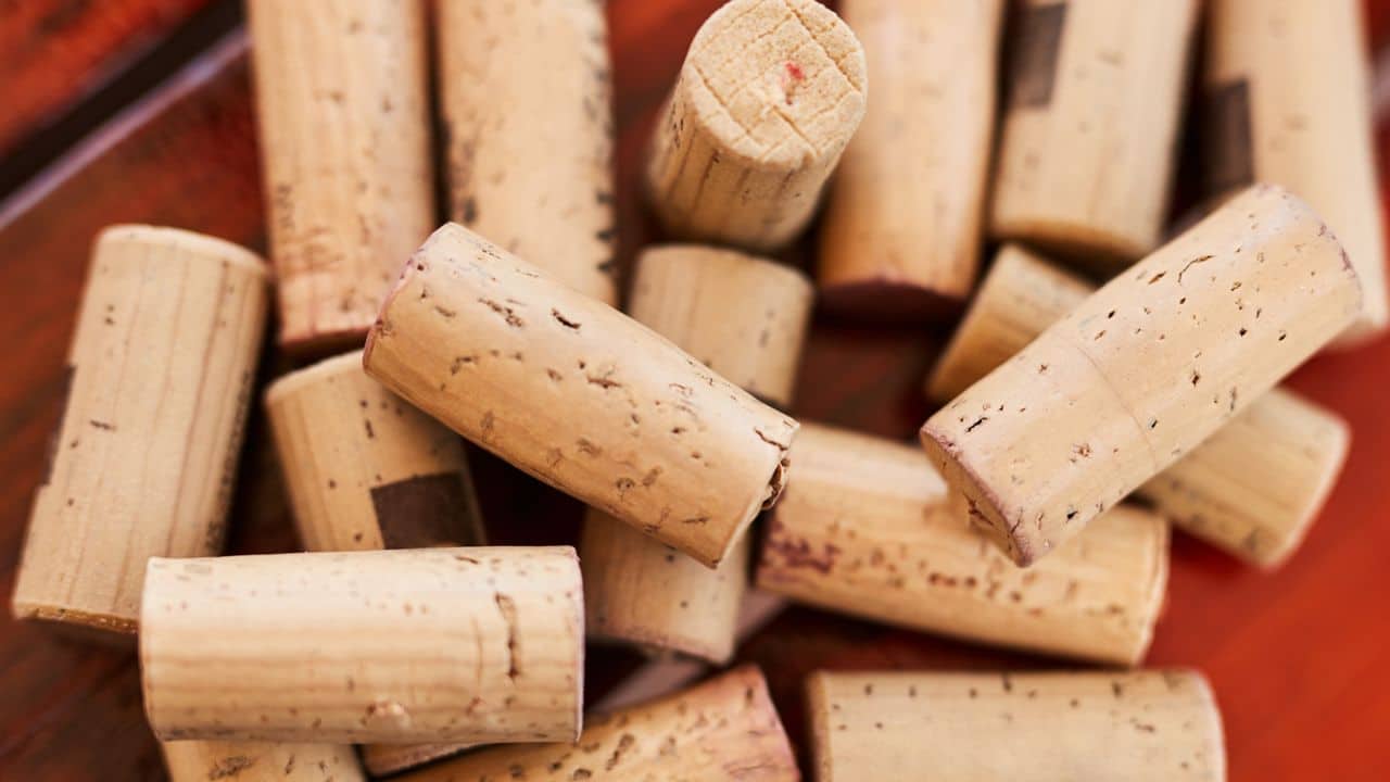 background, wine and cork with a collection or group of alcohol caps or objects on a red background from above. texture, wood and luxury with many corks in a pile or stack on a wine farm and cellar